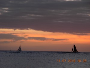 Sailboats at sunset.  This was always a very pretty time of the day.